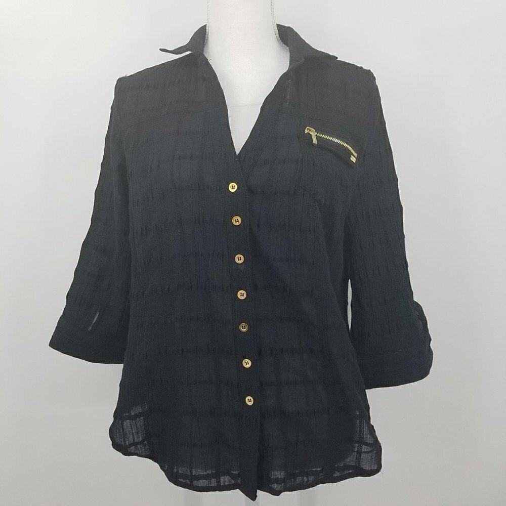 Bebe Black Semi-Sheer Button Front Blouse